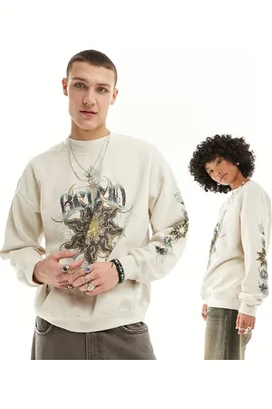 Reclaimed Sudadera color lavado unisex con estampado celestial de -Beis neutro