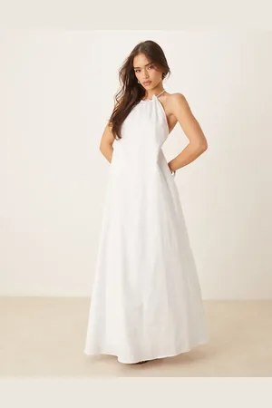 SNDYS Vestido largo con cuello halter y espalda abierta de popelina de mezcla de lino de