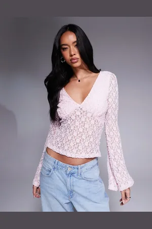 ASOS Top rosa pastel escotado con mangas acampanadas de encaje de