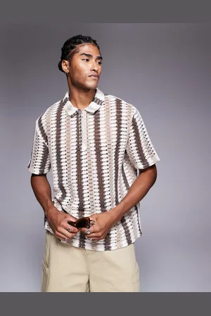 ASOS Polo beis a rayas de corte cuadrado holgado con cremallera de croché de