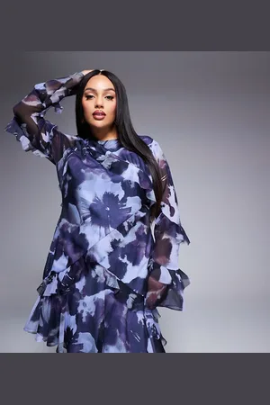 ASOS Vestido corto azul estampado de manga larga con volantes y bordes sin rematar de ASOS DESIGN Curve-Multicolor