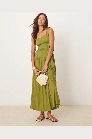 ASOS Vestido veraniego midi verde de tirantes anudados con cuerpo fruncido de tejido rugoso de