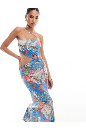 ASOS Vestido largo asimétrico con abertura, estampado de postales y detalle de herraje de -Multicolor