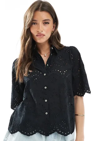 ONLY Camisa negra de manga corta de pointelle de