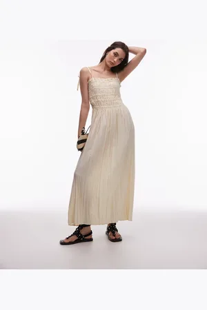 Topshop Vestido midi con pecho fruncido de tejido técnico rugoso de -Neutro