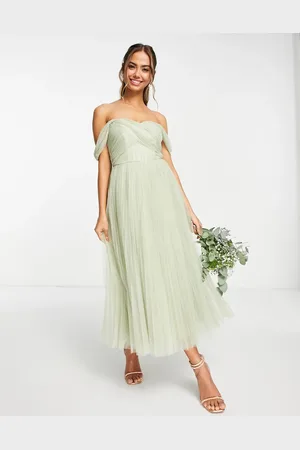 ASOS Vestido de dama de honor midi color salvia con escote Bardot, lazada en la espalda y falda plisada de tul de -Verde