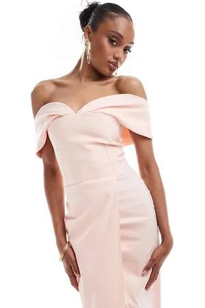 Vesper Vestido semilargo rosa pastel cruzado con escote Bardot de corte corazón de bengalina de Tall