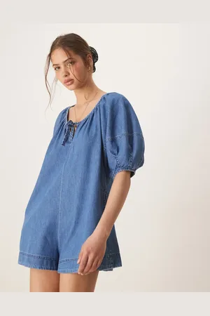 ASOS Mono vaquero corto con lavado medio y mangas globo de denim suave de