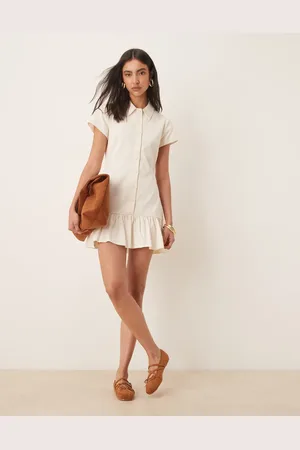 ASOS Vestido camisero corto color con cintura baja de -Blanco