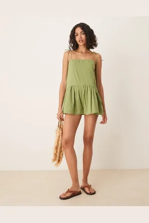ASOS Mono corto de tirantes finos con cintura baja y falda de corte amplio de -Verde