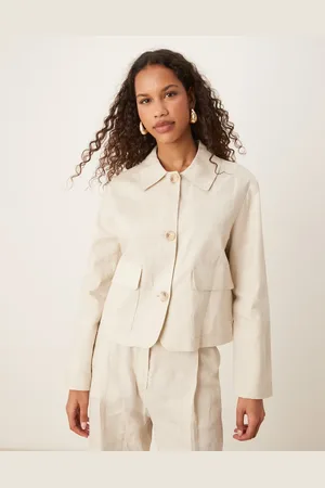 MANGO Chaqueta color abotonada de lino de (parte de un conjunto)-Neutro