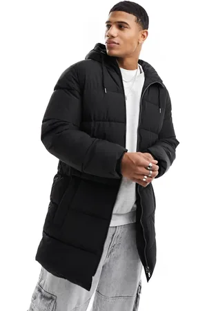 Only & Sons Chaqueta de plumas larga negra con capucha de