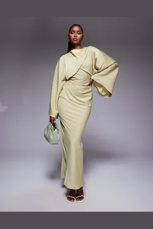 ASOS Vestido largo verde oliva pálido de corte al bies con parte delantera cruzada con mangas murciélago de satén de
