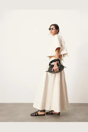 ASOS Falda midi color con detalle plisado de sarga de (parte de un conjunto)-Blanco