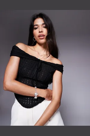 ASOS Top de manga corta con escote Bardot y detalle de lazada de tejido texturizado de