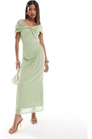ASOS Vestido midi con escote Bardot y detalle de retorcido en el pecho de malla de
