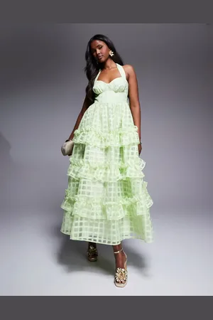 ASOS Vestido largo verde luminoso a cuadros con cuello halter de organza texturizada de