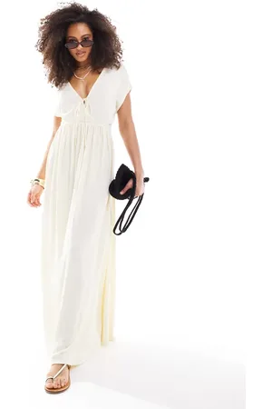 ASOS Vestido de tarde semilargo blanco de manga corta con cuello de pico, detalle de lazada y acabado rugoso de