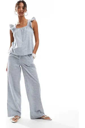 Pieces® Pantalones azules a rayas de pernera ancha con lazada en la cintura de algodón Mix & Match de