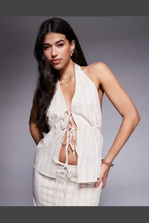 Kaiia Top color crema a rayas con cuello halter y detalle de lazadas de algodón efecto lino de (parte de un conjunto)-Multicolor