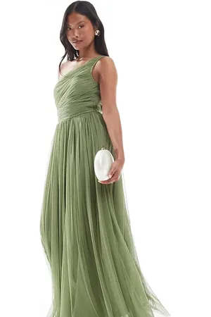 Lace & Beads Vestido de dama de honor largo verde oliva pastel asimétrico de