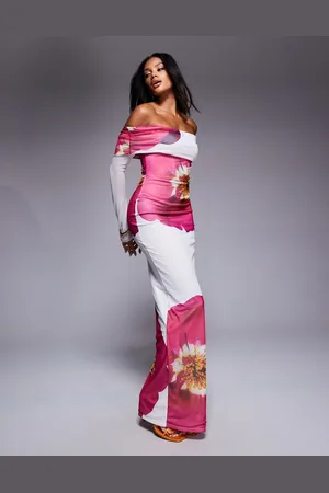 Kaiia Vestido largo ajustado con estampado floral y escote Bardot pronunciado exclusivo de -Multicolor