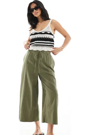 New Look Pantalones capri caquis de mezcla de lino de -Verde