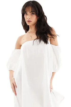 Esmée Vestido playero corto de manga larga abullonada con escote Bardot de