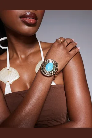 South Beach Pulsera dorada gruesa estilo brazalete con piedra turquesa de