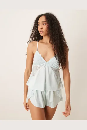 Abercrombie & Fitch Pantalones cortos de pijama azules de satén con vuelo y ribete de encaje de (parte de un conjunto)