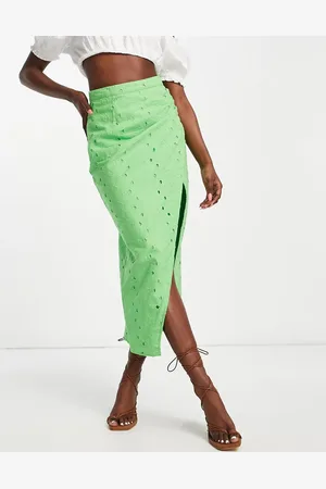 ASOS Falda midi verde luminoso con diseño bordado, abertura lateral y detalle fruncido de