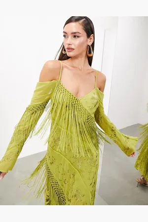 ASOS Vestido largo de manga larga y corte al bies con flecos y diseño bordado floral de
