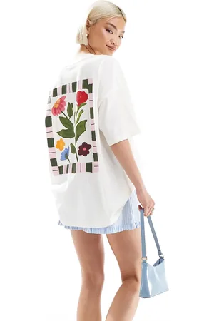 ASOS Camiseta color extragrande con estampado gráfico floral con ribete a rayas de -Blanco