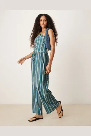 ASOS Pantalones color cerceta a rayas de talle medio y pernera ancha de tejido texturizado de (parte de un conjunto)-Verde