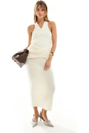 ASOS Vestido midi color con detalle drapeado en la parte delantera y tirantes cruzados en la espalda de -Blanco