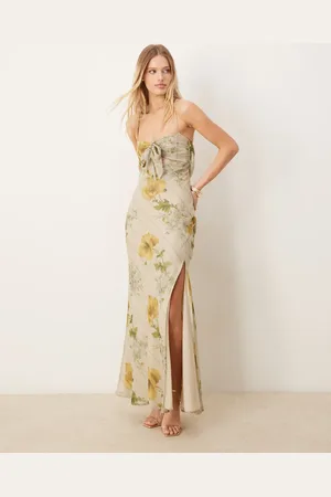 ASOS Vestido largo amarillo con estampado floral y lazo delantero en el pecho de chifón y satén de -Multicolor
