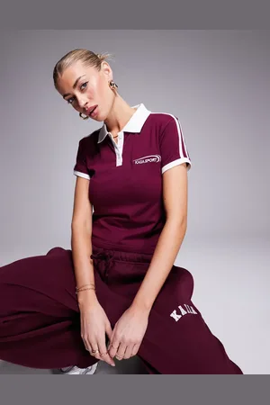Kaiia Camiseta con diseño encogido, cuello tipo polo y ribetes blancos en contraste de algodón de (parte de un conjunto)-Rojo