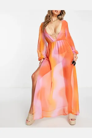 ASOS Vestido playero largo escotado con diseño degradado de manga larga de -Multicolor