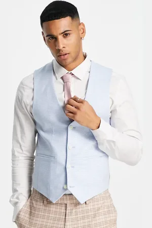 ASOS Chaleco de traje azul muy entallado con estampado de pata de gallo pequeño de mezcla de lino de Wedding