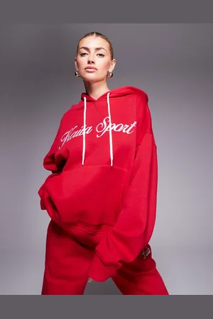 Kaiia Sudadera roja y blanca con capucha, cordón ajustable y logo de texto bordado de Sport (parte de un conjunto)