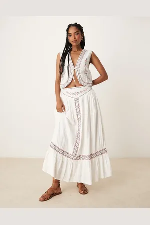 Threadbare Falda larga color con bordado de tejido liso rico en algodón de (parte de un conjunto)-Blanco