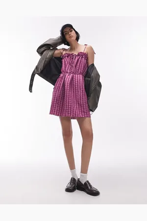Topshop Vestido corto a cuadros rosas cómodo de tirantes de tejido texturizado de