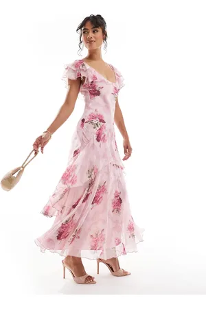 ASOS Vestido largo rosa con , volantes y mangas fluidas de
