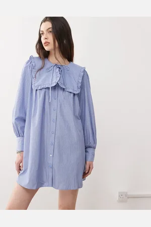 Reclaimed Vestido corto azul a rayas amplio con solapas extragrandes de algodón de