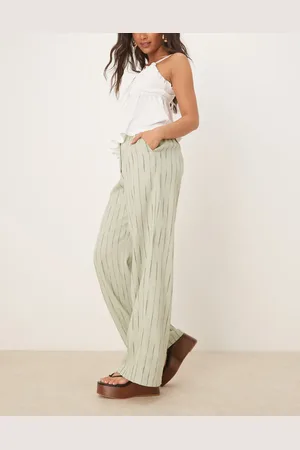 ASOS Pantalones verde salvia a rayas onduladas de pernera recta holgada de mezcla de lino de