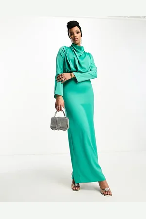 ASOS Vestido largo joya de manga larga con cuello alto y detalle plisado de satén Modest de