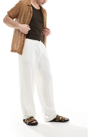 New Look Pantalones blanco hueso de corte ancho de mezcla de lino de -Neutro