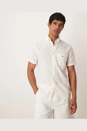 GANT Camisa blanca de manga corta con logo de escudo de algodón y lino de