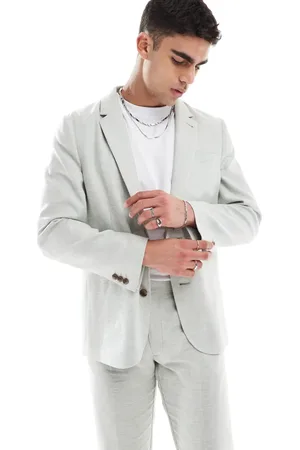 ASOS Chaqueta de traje de corte slim con patrón de espiga de mezcla de lino de -Neutro
