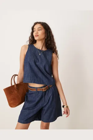 MANGO Top vaquero corto azul añil elegante de denim suave de